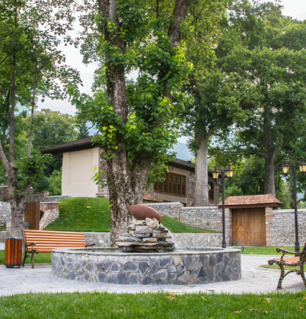 Town park with benches and fireplace