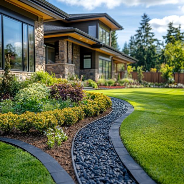 modern-home-landscaping-stone-pathway-lush-garden-sunny-day-real-estate